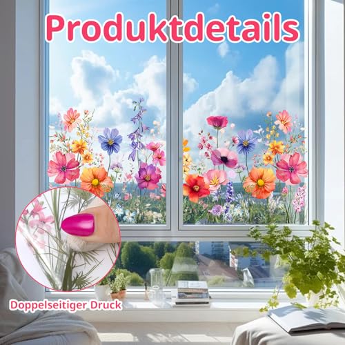 3 Stück Fensterfolie Blumen, Fensterbilder Frühling, Fensterfolie Motiv, Blumen Fenster Aufkleber
