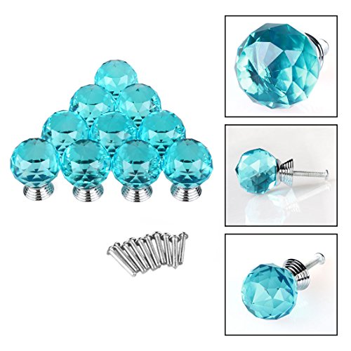 Uxcell Round Shape Crystal Glass 30Mm Kitchen Cabinet Door Drawer Knob Cupboard Dresser Wardrobe Pull Handle With Screws, 10Pcs Sky Blue #TOP2