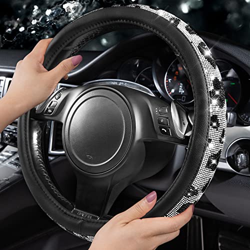 Image of CAR PASS Bling Cow Print Diamond Steering Wheel Cover, with Sparkly Crystal Glitter Rhinestones Black Leather Car Wheel Protect for Women Girl Fit Suvs,Vans,Sedans,Cars,Trucks, 14 inch 1 /2-15 inch Cow Design