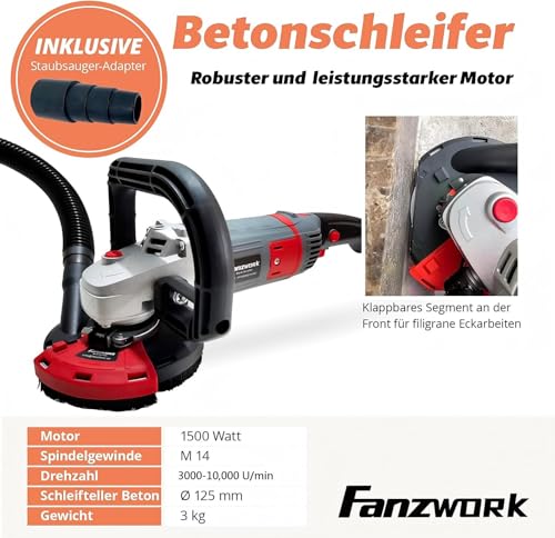 FANZWORK Betonschleifer Betonfräse Sanierungsfräse Set mit Diamantschleiftopf und Absaughaube, mit Drehzahlregelung (1500W/125mm+)