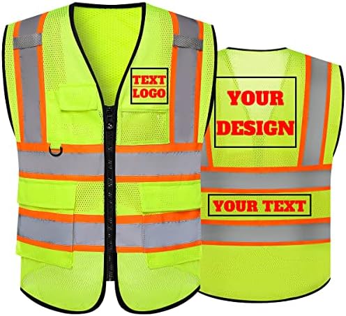 Custom Logo Mesh Reflective Safety Vest Class 2 with 5 Pockets and Zipper(1Pack,Yellow,X-Large)