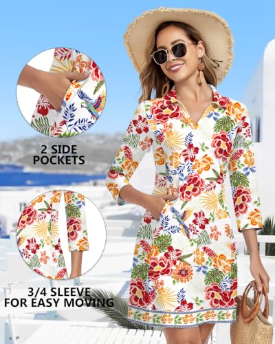 Image of WOWENY 3 /4 Sleeve Dress for Women with Pockets V Neck UPF 50+ Casual Sun Dress Breathable Quick Dry Beach Vacation