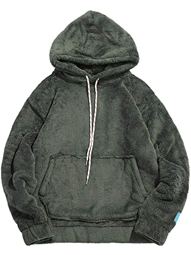 ZEZCLO Men's Solid Fluffy Sherpa Hoodie Oversized Hooded Pullover Winter Fuzzy Sweatshirt Outwear with Kangaroo Pocket