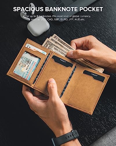 Image of VULKIT Card Holder Wallet with Coin Pocket Magnetic Closure Pop Up Cards With ID Window Leather Wallet for Cash & Credit Cards, Saddle Tan, Medium, Contemporary