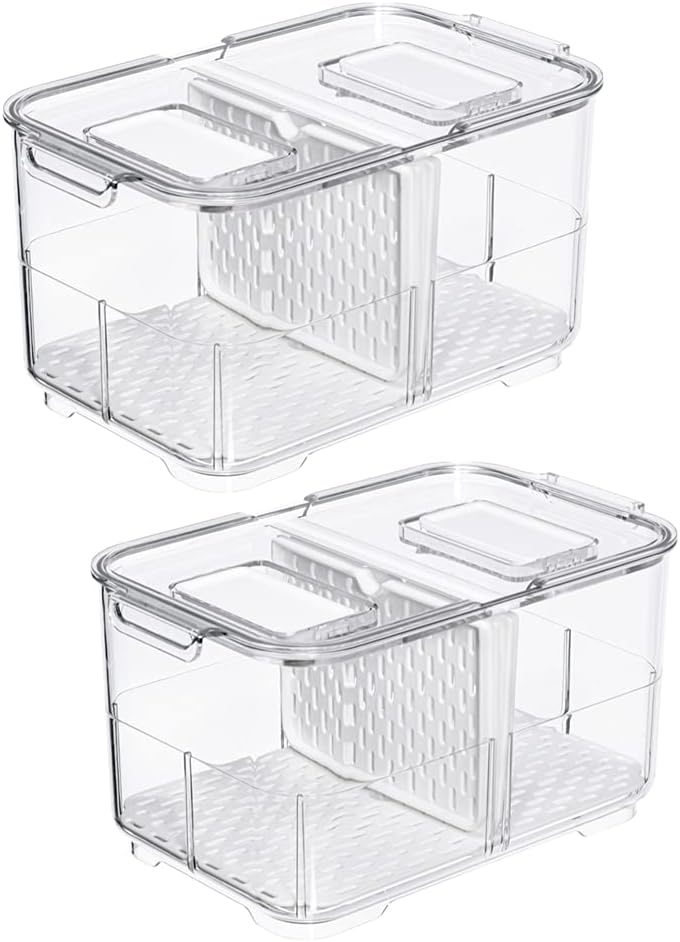Slideep Food Storage Containers Fridge Produce Saver, Stackable Refrigerator Organizer Keeper Foldable lid with Removable Drain Tray for Produce, Fruits, Vegetables 2800 ml - 2 Pack
