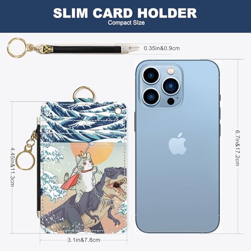 Image of Slim Wallet Credit Card Holder, Cat and Dinosaur, RFID Wallet Women Cute Small Front Pocket Wallet With Zipper, PU Leather Thin travel RFID Blocking Card Case ID Window ,Ladies Gifts