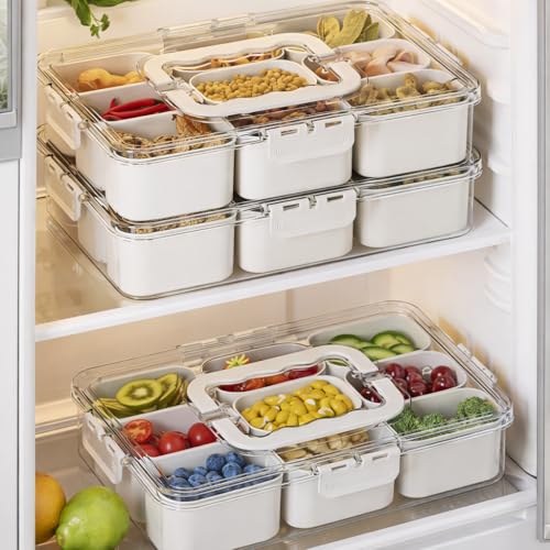 Image of DecorTwist 9 Compartment Fridge Organizer Box with Lid | Fruit & Vegetable Storage Container | BPA Free Serving Tray for Snacks, Dry Fruits, Nuts | Airtight | Food Grade Plastic (Pack of 2)