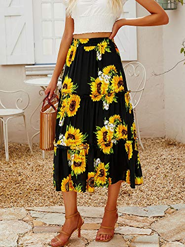 Saia feminina Hibluco com estampa floral boêmia e cintura elástica, Black Sunflower, X-Large