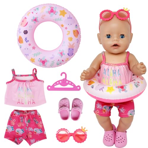 Atomvia 6-Teiliges Puppenkleidung 43 cm Schwimm-Set für Puppen Schwimm-Set für Puppen Badeanzug Puppen Rosa mit Schwimmring Schuhe Kleiderbügel und Sonnenbrille