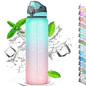 Auckpure Gourde Sport 1 Litre, Bouteille d’eau Avec Paille, avec ​Traqueur de Marqueur, Ouvrir en un Clic, Convient Pour Gym, Yoga, Camping, Cyclisme et la Vie de Famille (Poudre Verte)