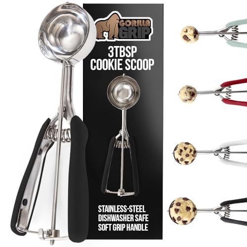 GORILLA GRIP Stainless Steel Cookie Scoop for Baking, 3 TBSP, Multipurpose Melon Baller, Meatball Spring Scoops, Perfect Portion Sizes, Easy Food Release, Scooper Size 20, BPA-Free Kitchen Tool, Black