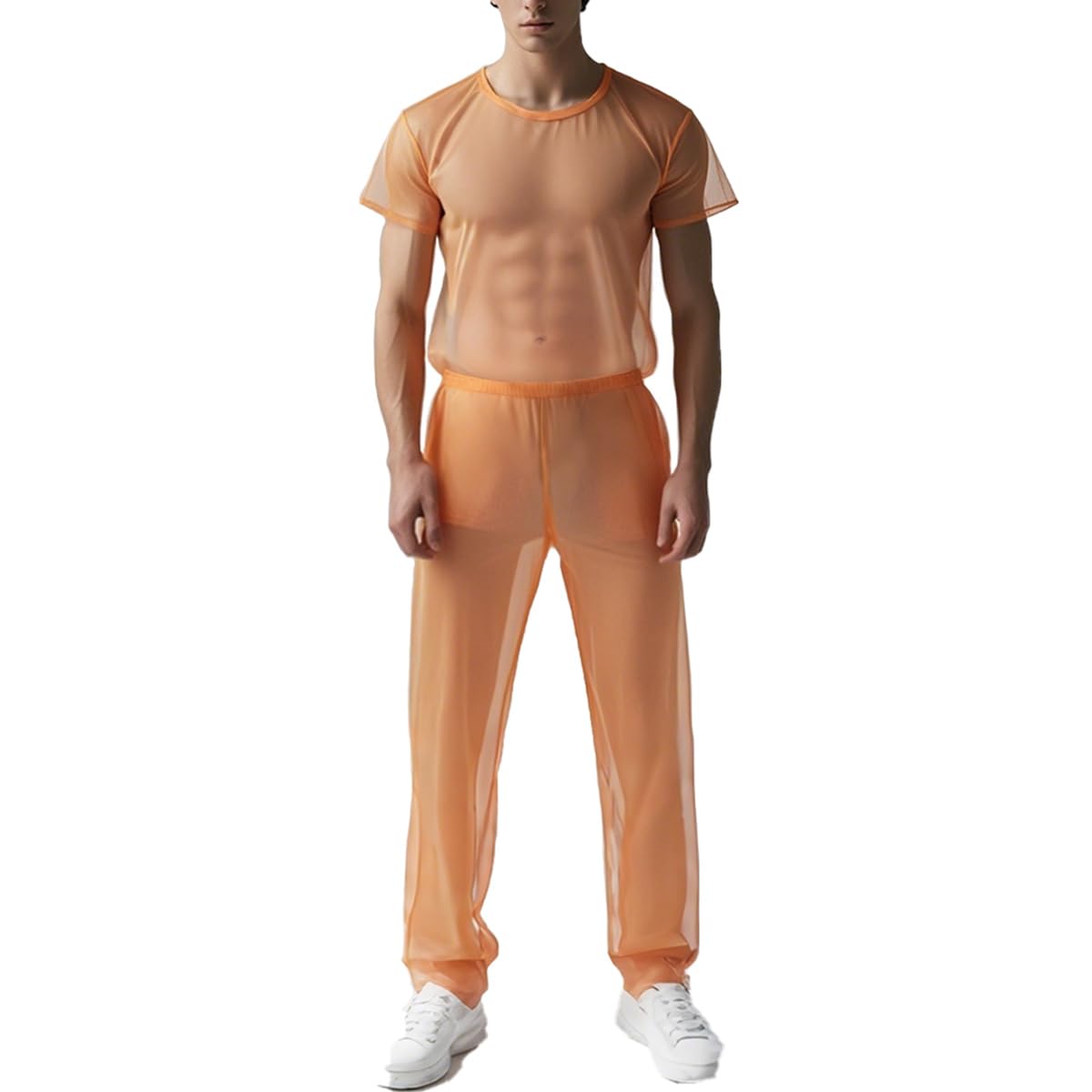 ZAIGELUO Herren Transparent Pajamas Sets Männer Durchsichtiges Sexy Mesh Lässig T Shirt Lounge Hosen Nachtwäsche