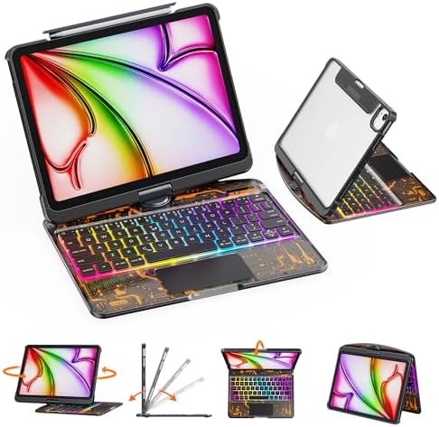GUSGU Transparent Case with Wireless Keyboard for iPad Air 13-in.(M3/M2, 2025/2024), 7 Colors Backlight, Trackpad, 360°Rotating Stand for iPad Pro 12.9-in (6/5/4/3 Gen), Tech Style