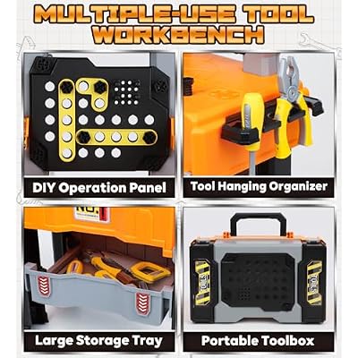 Lehoo Castle Kids Tool Bench with Electric Drill and Construction Vehicles, 2-in-1 Workbench and Toolbox for Toddlers, STEM Learning Toys for Age 3-5, Birthday Gift for Boys & Girls