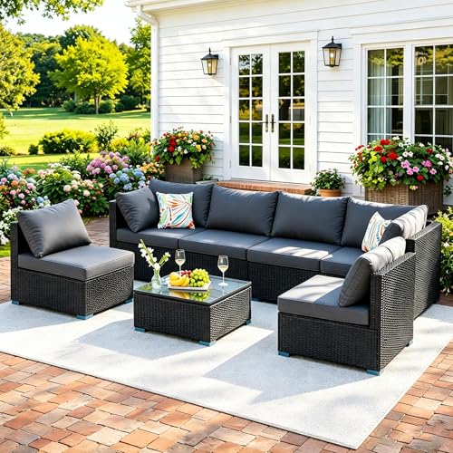 Image of 7 Piece Outdoor Sectional Outdoor Patio Furniture Set, Outdoor Patio Furniture Set with Coffee Table, Sectional Couch Sofa with Cushions, Wicker Outdoor Conversation Set for Backyard & Garden, Beige