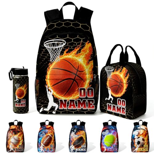 Image of Custom Kids Backpack for Boys Toddler Backpacks Set Back to School Bookbag | Kid Personalized Backpack with Lunch Bag Boy Kindergarten Elementary Preschool Daypack Birthday Gifts Sports Ball Black