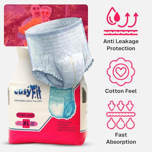 Image of Easyfit Adult Diaper Pants | 30 Count (Extra Large) | Waist 36-58 inch (90-148 cm) | Unisex | Leak Proof | Wetness Indicator | Overnight Protection | Elastic Waist (Pack of 3)