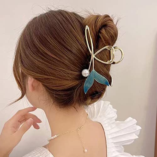 Pinzas de cabello Blue Fish Tail con perla, clip de mano de sirena grande dorado de metal, sujeción fuerte y antideslizante, accesorios grandes para mujer y niñas miniatura 3