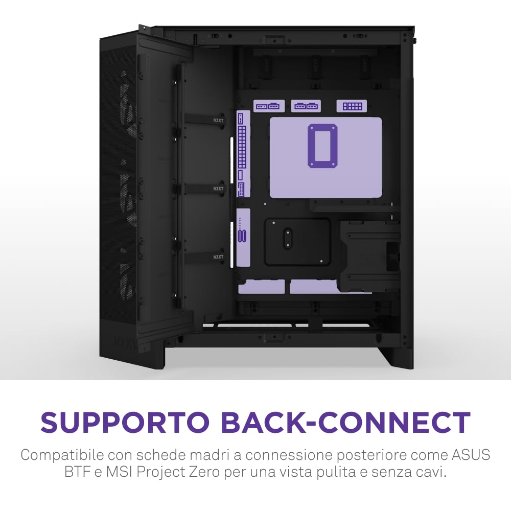 NZXT H9 Flow (2025) – Grande Case PC ATX Mid-Tower a Doppia Camera con Flusso d'Aria – Include 3 Ventole da 140mm e 1 da 120mm – Supporto Radiatore da 420mm – Vetro Temperato – Nero