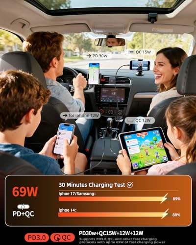 Retractable Car Charger for iPhone 17, 69W USB C 4 in 1 Fast Charging, Car Truck Accessories, Car Adapter, Road Trip Essentials Gift for Men Women, for iPhone 17 Pro Max Air 16 15 14 13, Galaxy, Pixel