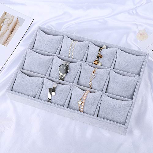 Stylifing Watch Jewelry Tray Organizer Bracelet Display Showcase 12 Grid Pillows Tray Jewelry Storage Holder Grey Velvet Gifts For Men Women Girls #TOP6