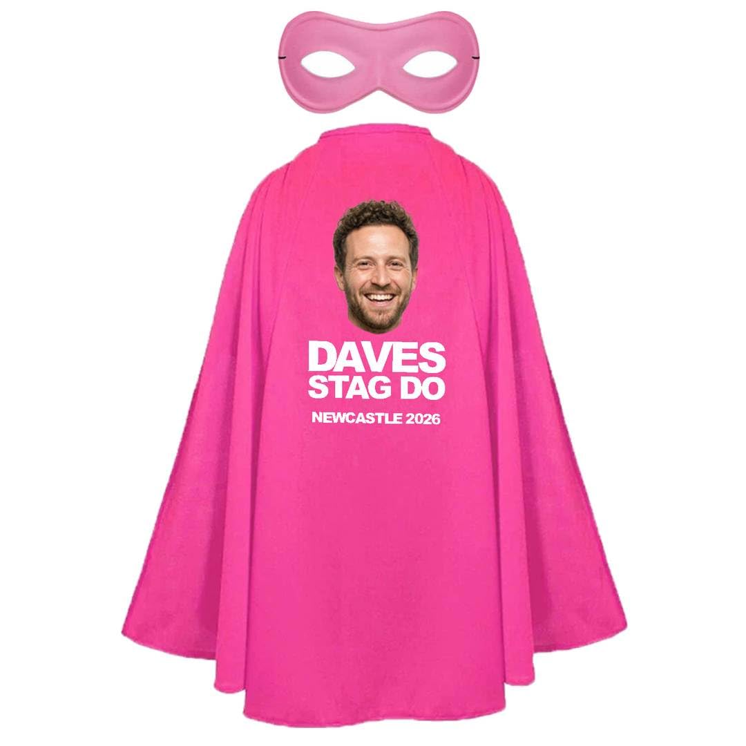 Adults Personalised Superhero Stag Costume - Pack of 12 - Long Pink Cape with Your Design on the Back, Matching Eyemask - Mens Stag Party Upload Your Own Design Customised Fancy Dress Outfit