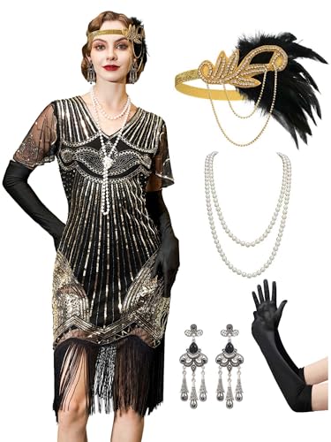YESSA 1920s Flapper Dresses for Women, Sheer Beaded Sleeves, Great Gatsby Dresses, Roaring 20s Costumes with Accessories, Flapper Costume, 20s Outfit Black Gold