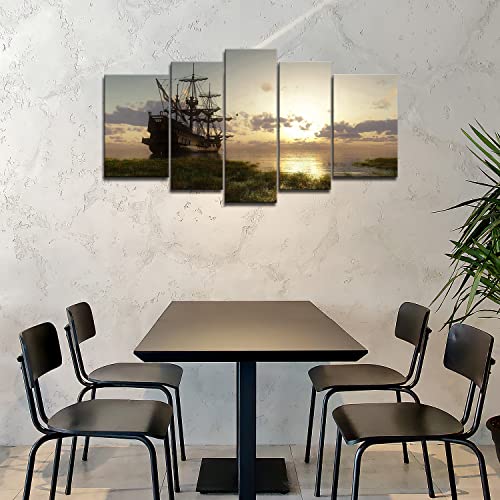 5 Panel Wall Art Painting Fantasy Ship Sailing Boat in Lake Sunset Prints on Canvas The Picture Seascape Pictures Oil for Home Modern Decoration Print Decor - Image 4