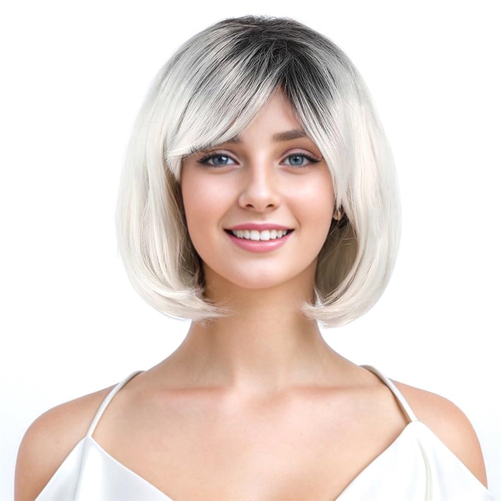 xiuling4568 Omber Blonde Bob Wig with Bangs for Women,12" Short Short Synthetic Wigs with Dark Roots for Daily Use Natural Looking Hairs Extensions