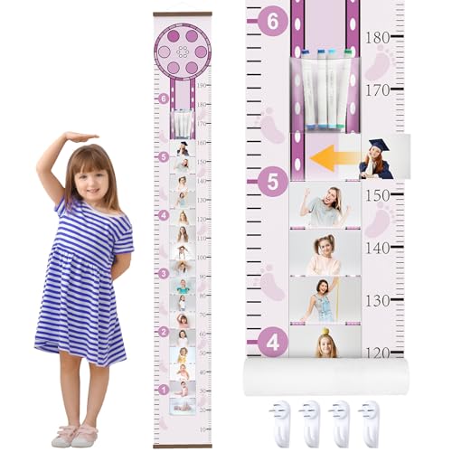 Projector Growth Chart for Kids with Picture Frames, Height Measurement Ruler Milestone Markers, Foldable Kids Height Wall Chart, Birthday Keepsake Gift for Toddler Boy Girl Room Wall Decor (Purple)