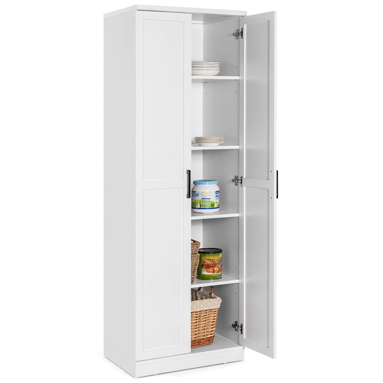 COSTWAY 5 stöckiger Hochschrank, freistehender Vorratsschrank mit 2 Türen & verstellbaren Regalen, Aufbewahrungsschrank Mehrzweckschrank mit Kippsicherung für Schlafzimmer, Küche, Wäscherei (Weiß)