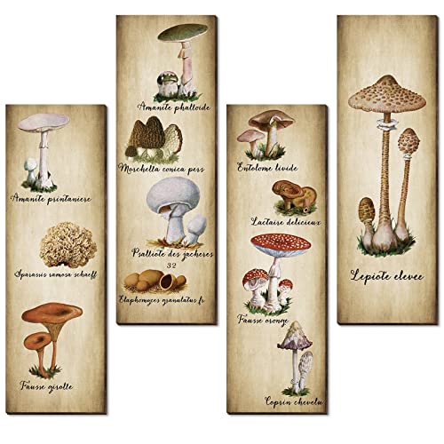 Image of Yookeer 4 Pack Mushroom Wall Decor Vintage Wooden Art Sign Rustic Mushroom Kitchen Decor Fungus Aesthetic Poster for Bedroom, Dining Room, Living Room, Office(11 x 3.5 Inch)