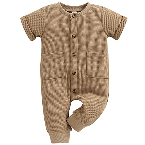 Image of Mubineo Infant Baby Boy Girl Summer Fall Basic Plain Button Short Sleeve Romper Jumpsuit Clothes (Khaki, 0-3 Months)
