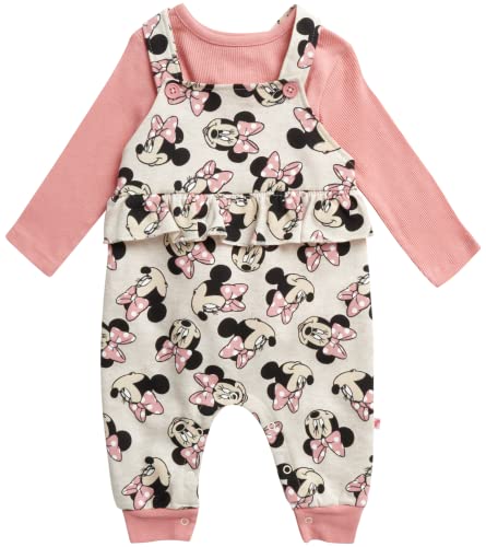 Disney Baby Girls' Minnie Mouse 2 Piece Overall Set - Fleece Romper Long Sleeve T-Shirt Set (Newborn/Infant), Rose Ruffles, Size 0-3M