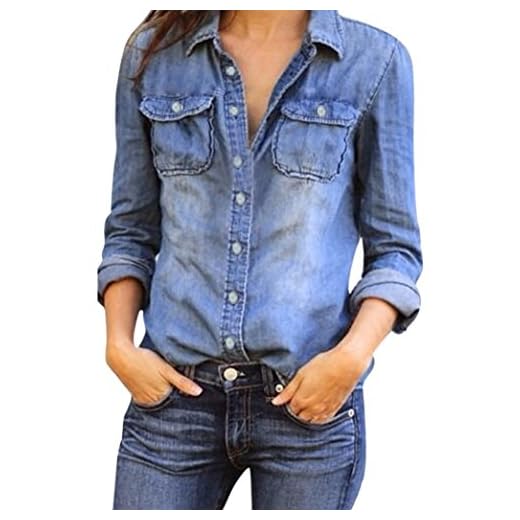 JYC Suelta Manga Corta,Sudadera para Mujer,Camiseta Verano 2018,Blusas De Mujer Elegantes De Fiesta, Casual Azul Vaquero Mezclilla Largo Manga Camisa Tops Blusa Chaqueta (2XL, Azul)