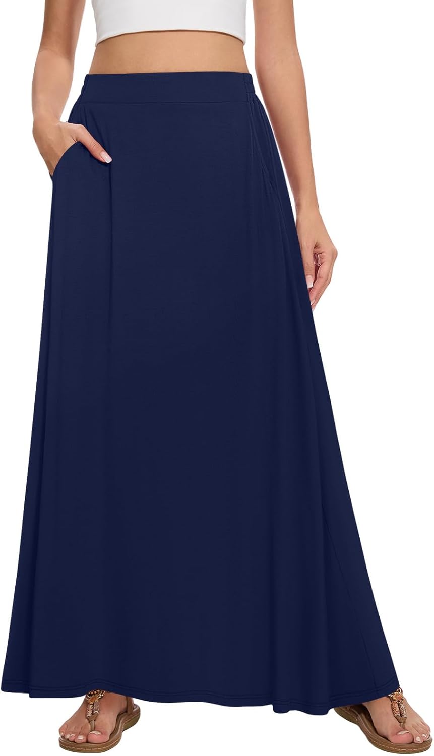 Womens Maxi A-line Long Skirt Casual 2025 Elastic High Waist Flowy Skirts with Pockets