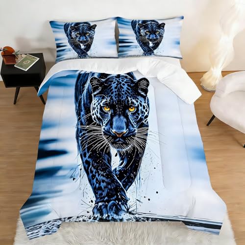 Image of Blue Leopard Comforter Set Full Size 3D Cheetah Bedding Sets for Boys Kids Adults Bedroom Decor Wildlife Animal Quilt 1 Comforter 2 Pillowcases