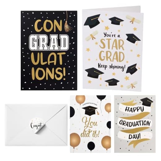 Graduation Cards 2023 | 20 Pack Matte Gold Foil Congratulations Cards | 7x5 Inches Bulk Greeting Cards with Envelopes and Stickers | College & High School Graduation