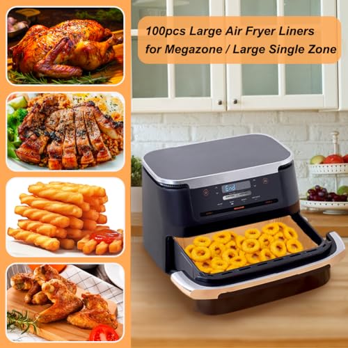 Image of BYKITCHEN Airfryer Baking Paper for Ninja Foodi Flex Drawer Dual Zone 10.4 L Hot Air Fryer, 100 Pieces Accessories for Ninja AF500EU, Air Fryer Accessories for Cecotec Dual 9000 9L (Pack of 100)