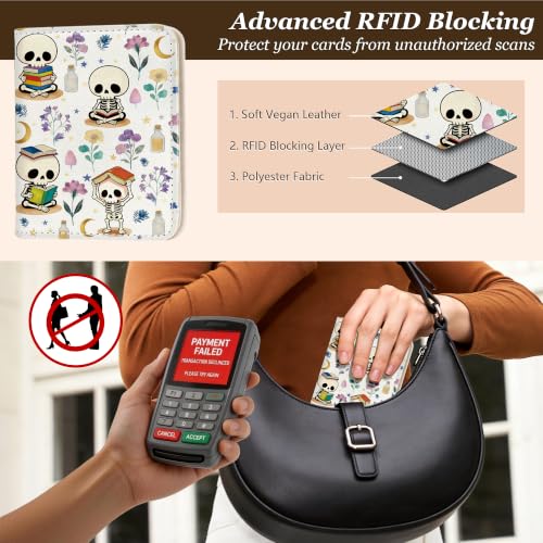 Image of Toughergun Bookish Skeletons RFID Small Wallet Women, Slim Thin Vegan Leather Bifold Wallet with Zipper Coin Pocket & ID Window, Cute Mini Travel Credit Card Holder Gift for Women Ladies Teen Girls