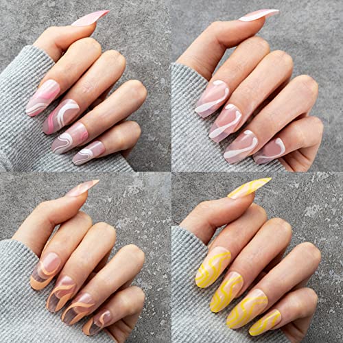 4 Pack (96Pcs) Medium Length Stripes Acrylic Almond Nails- Geometric Lines Press On Nails- Pink Acrylic Almond Ripple Fake Nails- White Almond Fake Nails for Women Girls Nail Art Manicure Decoration