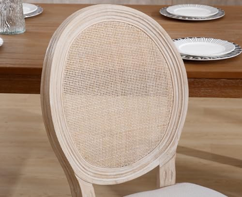 chairus Farmhouse Dining Chairs Set of 2, Round Rattan Back French Country Dining Room Chairs Vintage Fabric Upholstered Chair with Rustic Wood Legs, Beige 2 PCS - Thumbnail 6