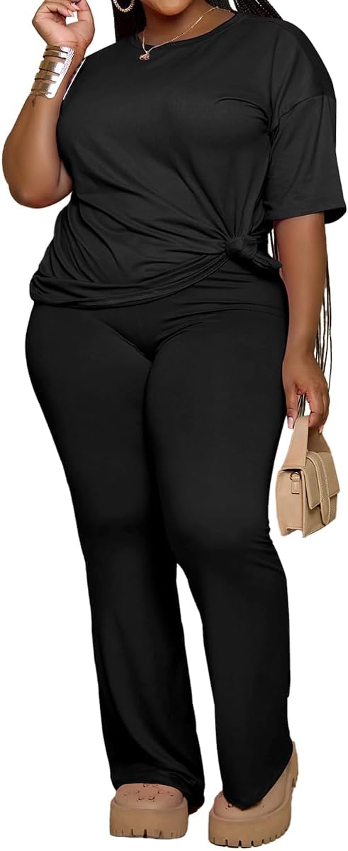 PINSV Womens Plus Size Sets 2 Piece Outfits Casual Short Sleeve Top and Flare Pants Tracksuit - Image 6