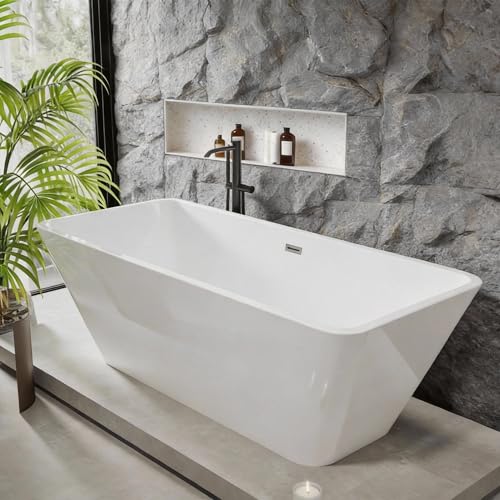 Image of 59'' Acrylic Freestanding Bathtub with Chrome Drain Kit, Contemporary Square Soaking Tub with Overflow and Flexible PVC Drain Pipe, Double-Walled Insulation, cUPC Certified, Glossy White Finish