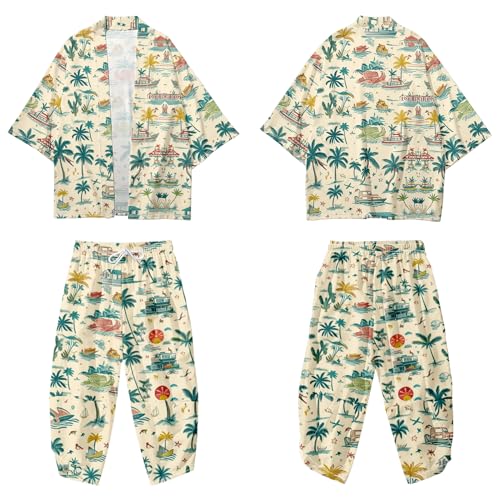 Image of DOSLAVIDA Men's Japanese Kimono Jacket Set Stylish Open Front Coat With Shorts Chinese Style Printed Cardigan Suit