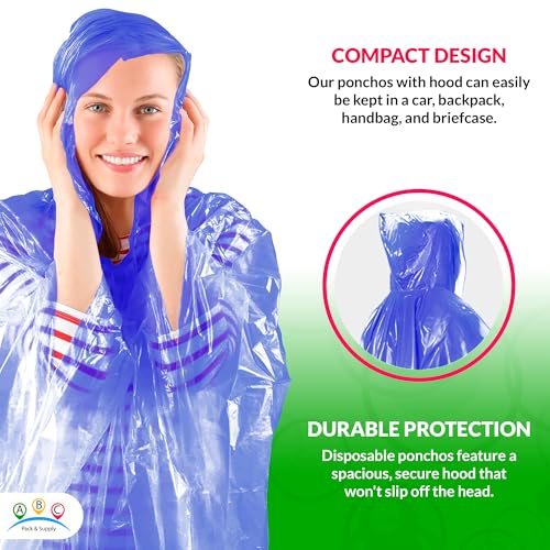 Image of ABC PACK & SUPPLY Disposable Rain Ponchos for Adults, Blue Hooded Rain Poncho, One Size, Polyethylene 0.02mm, Individually Wrapped, Bulk Pack of 200