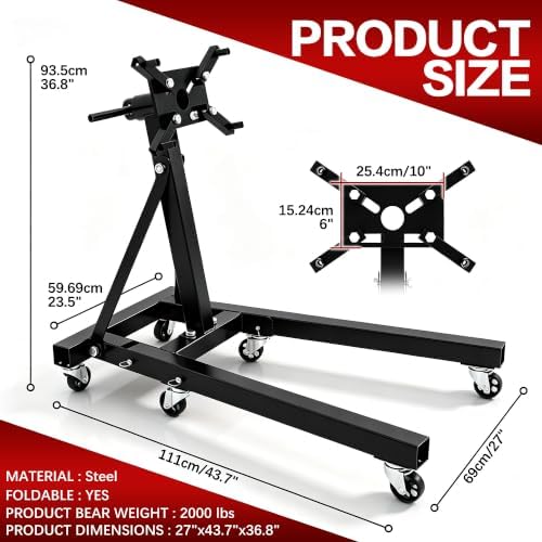 2000 Lbs Engine Stand, Foldable Steel Stand, 360° Swivel Head & 6 Wheels - 5