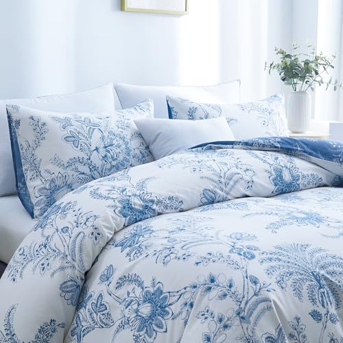 Image of BOLINLIVING Floral Duvet Cover Queen Size 3 Pieces, Flower Duvet Cover with 2 Pillow Shams, Soft Floral Bedding Set White and Blue for All Season, Breathable, Zipper Closure