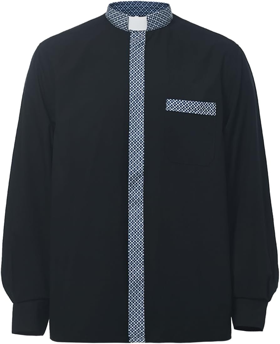 Mens Clergy Shirt Church Minister Long Sleeve Polka Dot Patchwork Button Down Blouse Top with Tab Collar