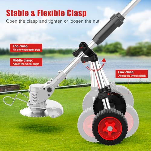 Electric Weed Wacker Attachment Wheels for Weed Eater, Adjustable Cordless String Trimmer Auxiliary Wheels, Flexible Angle Weed Cutter Accessory, Tool Pole Dia 26-28mm Adjustable Support Wheel Only